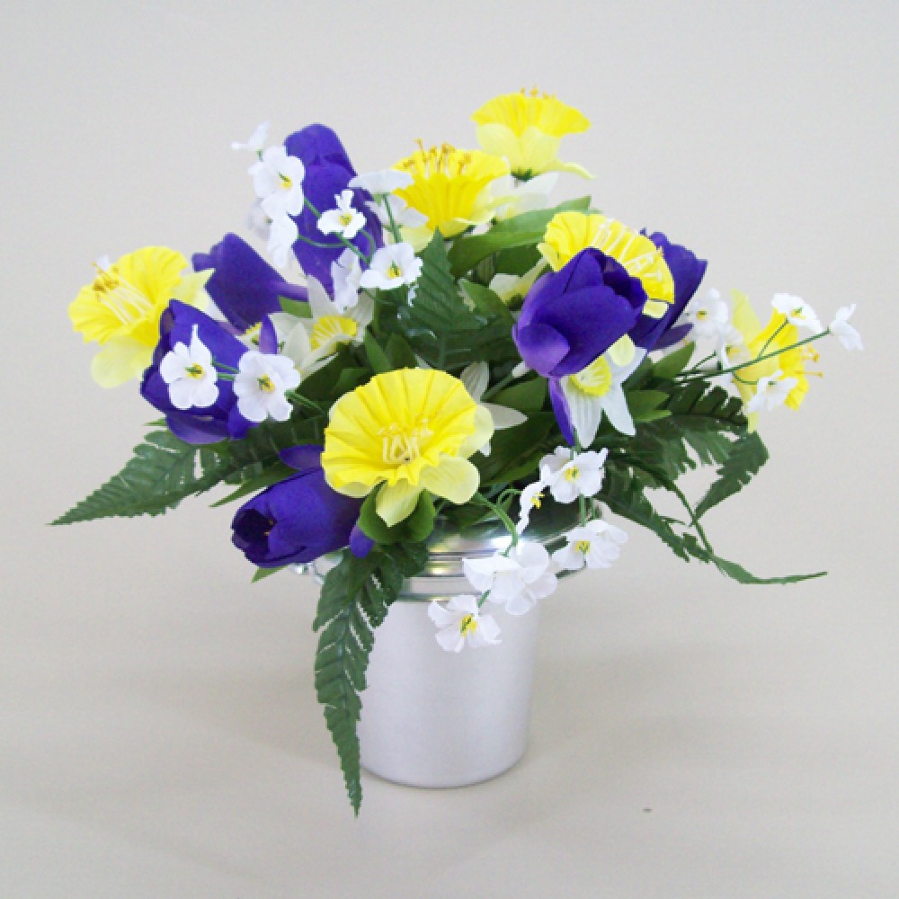 Silk Flowers Filled Grave Pot Springtime Daffodils and Tulips